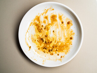 Dirty plate top view background, finished eat dinner in restautant, abstract textuer stain smearing drip sauce bbq jam chilli jelly on ceramic breakfast, concept for clean hyginene product.
