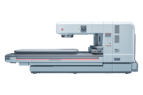 Medical imaging machine, light gray and white, with a flatbed, for x-ray or similar procedures