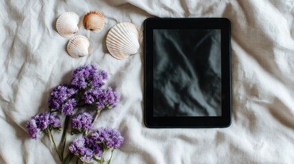 Tablet shells flowers calm arrangement