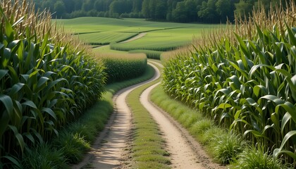 Winding Dirt Road through a Vibrant Cornfield