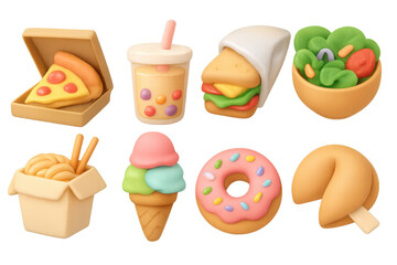 Colorful 3d fast food icons with pizza, bubble tea, and more