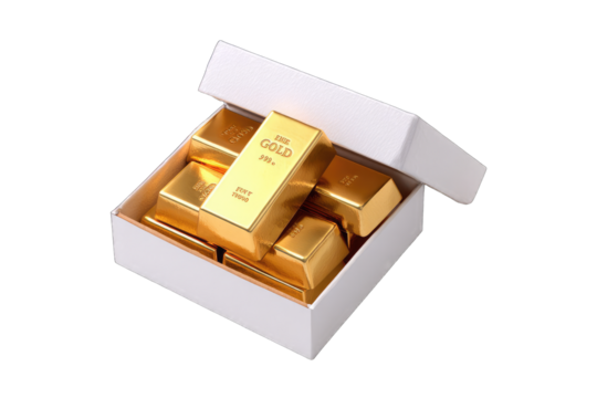 Gold bars nestled in an open white box