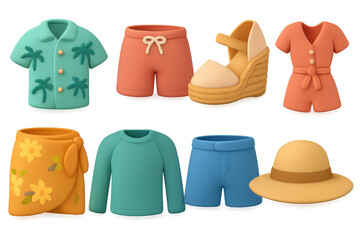 Summer clothing collection featuring tropical and casual beachwear items