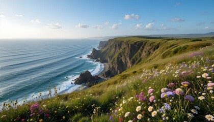 "Majestic coastal cliffs overlooking the vast blue ocean, wildflowers along the edge, dramatic seaside landscape with waves crashing against rugged rocks under a bright sky."