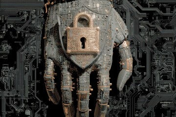 Futuristic robotic hand holding a padlock depicting digital security concept