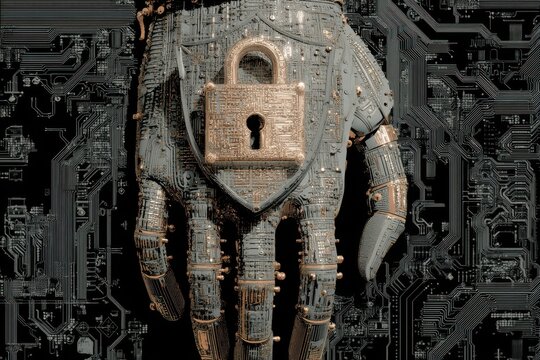 Futuristic robotic hand holding a padlock depicting digital security concept