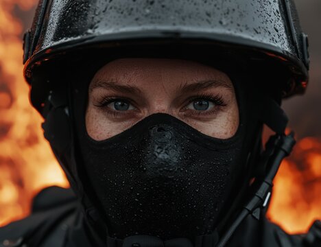 Intense firefighter stares with fire burning in background.