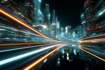 Fototapeta premium Futuristic cityscape at night with light trails.