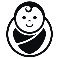 Black and White Illustration of Smiling Baby Wrapped in a Blanket, Logo Style