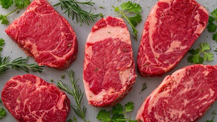 Raw Ribeye Steaks with Rosemary and Parsley for Culinary and Gourmet Purposes.