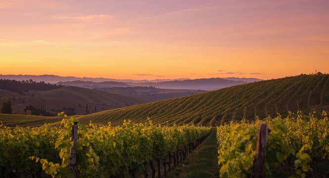 Vineyard Landscape at Sunset with Rolling Hills and Beautiful Light, Wine Country.