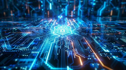 abstract technology background, neon circuit, blue neon.