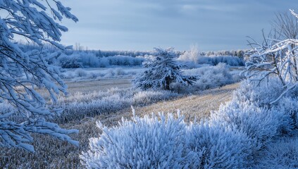 Snowy Winter Landscape. A Tranquil Scene with FrostCovered Trees and Open Field.
