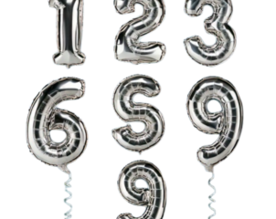 Silver Foil Balloon Digits 0–9 in Random Floating Arrangement, isolated on transparent background