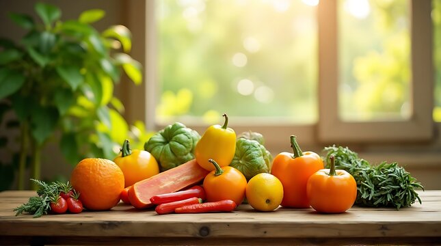 fresh colorful fruits and vegetables on wooden table