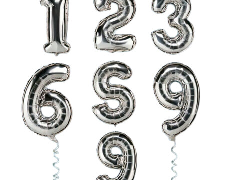 Silver Foil Balloon Digits 0–9 in Random Floating Arrangement, isolated on transparent background - Powered by Adobe
