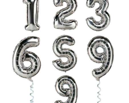 Silver Foil Balloon Digits 0–9 in Random Floating Arrangement, isolated on transparent background