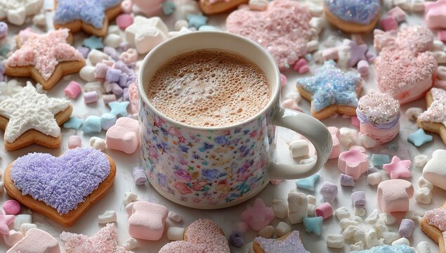 Sweet treats and a mug of hot cocoa, pastel colors - Powered by Adobe