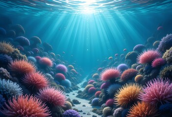  Underwater Garden with Sunlit Pink and Orange Sea Anemones