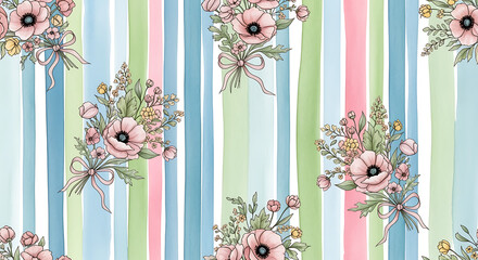 Floral bouquets with bows on pastel stripes seamless pattern design