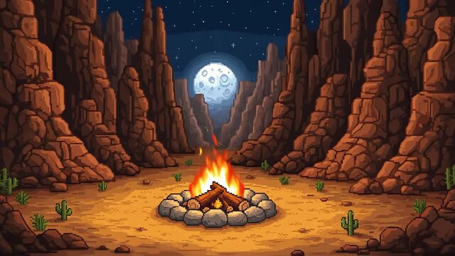 Pixel art animation shows a desert campfire under the moonlight between rocky mountains providing a nostalgic aesthetic.