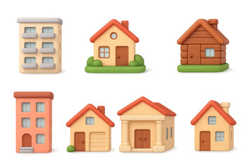 Charming cartoon buildings collection: modern, classic, and rustic designs in pastel colors