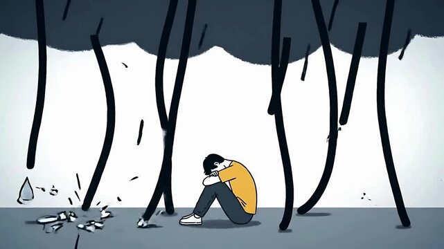 A solitary figure curls up, overwhelmed by dark, looming shapes and falling debris, symbolizing emotional distress and hardship.