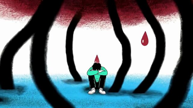 A lone figure in a party hat sits dejectedly amidst dark, abstract roots, with a single red drop of blood falling from above, conveying a sense of isolation and distress.