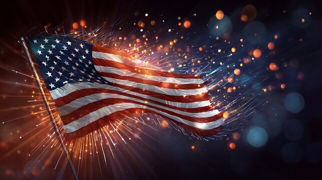 Happy Independence Day card waving national flag fireworks rays of light bold patriotic colors no people
