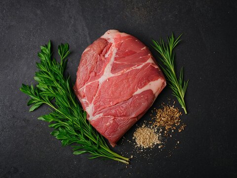 Raw Chuck Roast with Rosemary and Spices on Dark Background, Ready for Cooking.