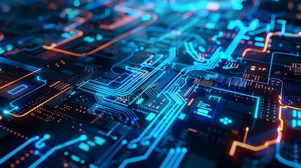 abstract technology background, neon circuit, blue neon.