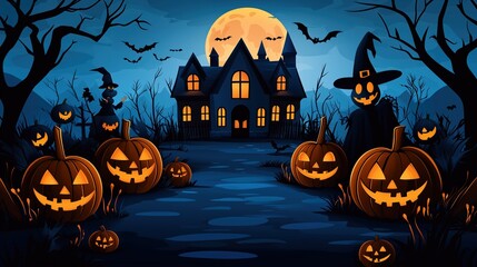 Fototapeta premium Cartoon Halloween Banner Background with Haunted House, Pumpkins and Witch, Digital art Illustration for Poster Greeting Card.