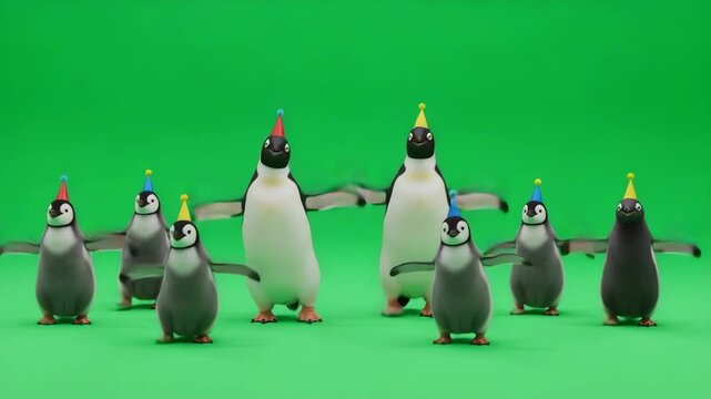Animated penguins, wearing party hats, are joyfully dancing on a green screen background.