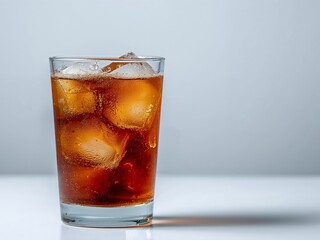 Refreshing Cola Drink with Ice Cubes in a Glass on a Bright, Clean Background.