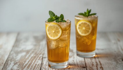 Fototapeta premium Refreshing Iced Tea with Lemon and Mint, Perfect for a Hot Summer Day.