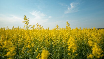Obraz premium Vibrant Yellow Rapeseed Field under a Clear Blue Sky, Illuminated by Sunlight.