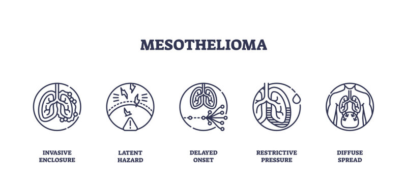 Mesothelioma is illustrated with outline icons showing lungs, hazard signs, and disease spread, highlighting health risks and symptoms. Outline icons set