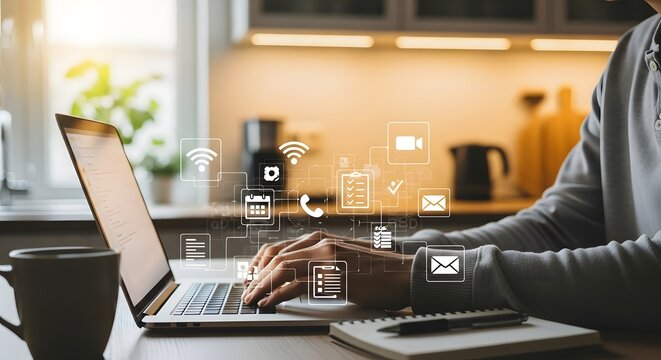 Man working remotely on a laptop in a modern kitchen, surrounded by a network of digital communication and technology icons