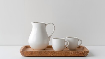 Fototapeta premium Still life with white ceramic pitcher, mugs and wooden tray on a bright background.