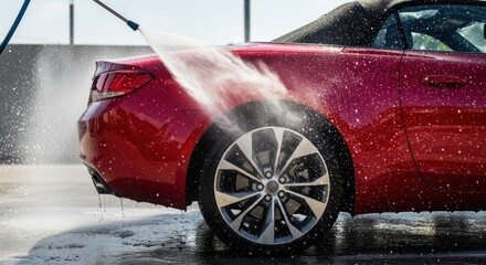 A red convertible car is being washed with a high-pressure water sprayer, focusing on the rear wheel and body.