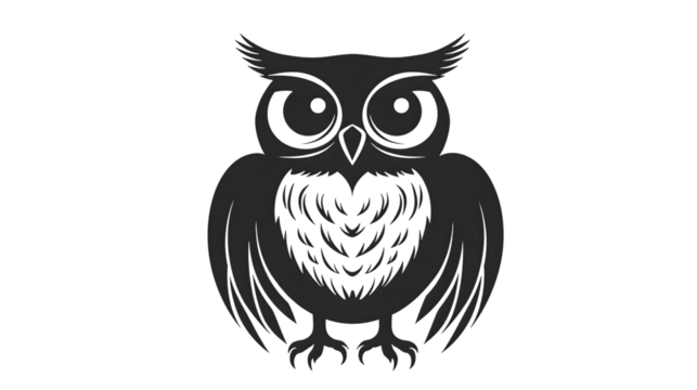 Owl silhouette mascot logo black and white isolated on transparent background