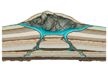 Geological cross section of an igneous intrusion and aquifer isolated on a transparent background