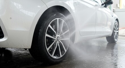 A close-up view of a white car being cleaned with high-pressure water, focusing on a tire.