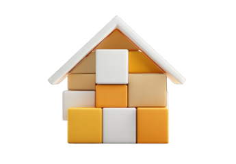 3D house built from stacked blocks, beige and white