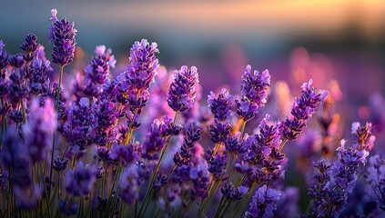 Lavender field bathed in golden sunset light