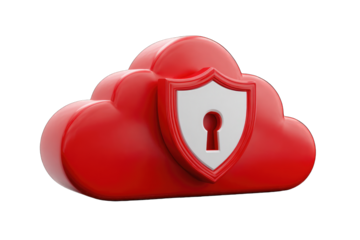 Red cloud icon with a shield and keyhole, symbolizing secure cloud storage