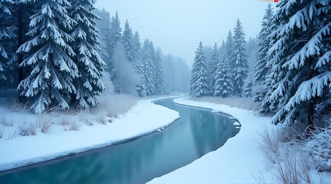 winter river flowing through snowy forest landscape