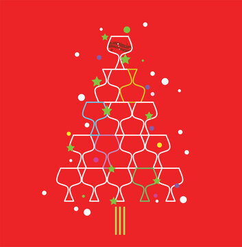 Christmas tree designed with wine glasses. 