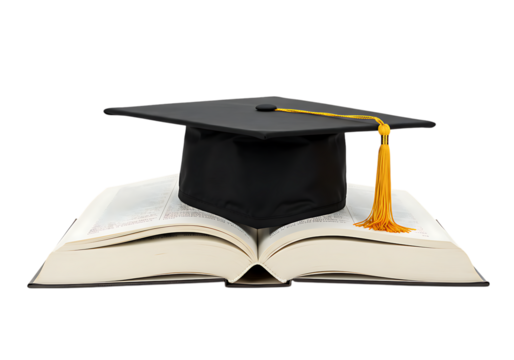 Graduation cap with diploma and books on white background