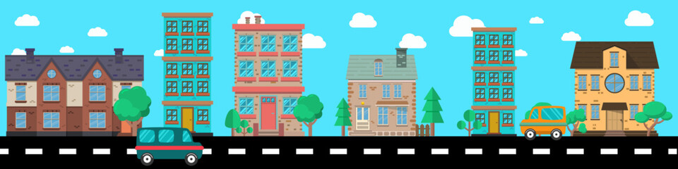City street with houses, trees, transport in flat style. Flat composition of a city streets . Vector illustration